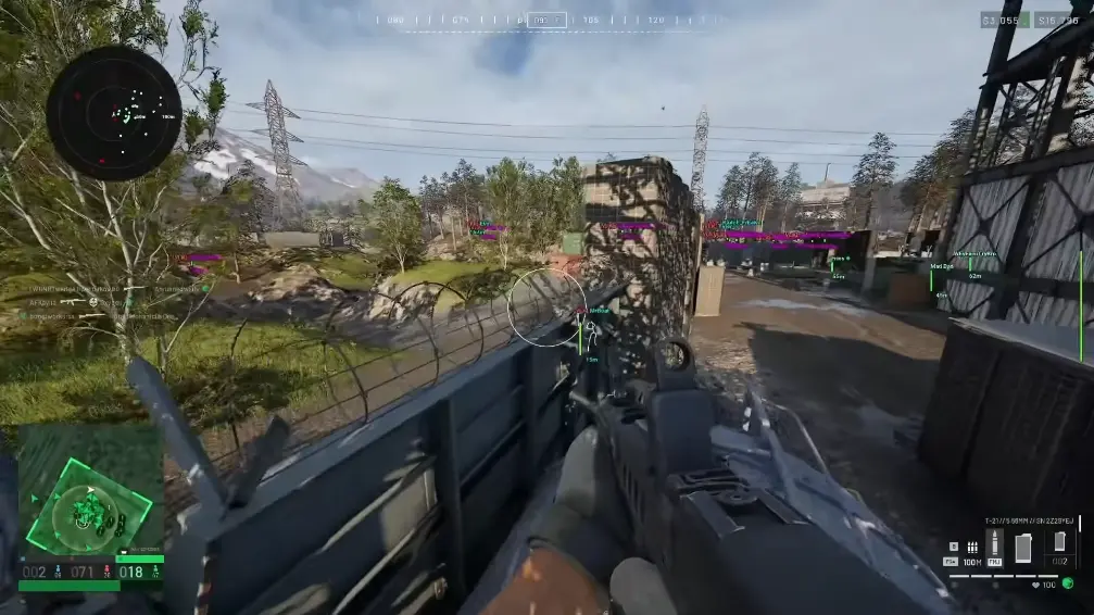 Barbed-wire overlook with magenta player distance labels, a white aim circle, and corner radars.
